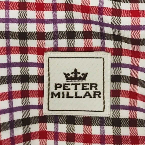 Peter Millar | Check Button Front Dress Shirt Medium Red Striped Button Cuff - Picture 9 of 9
